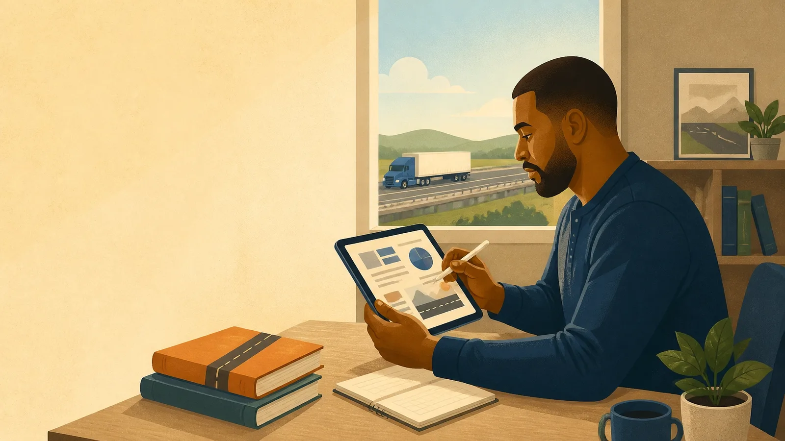 Adult student studying CDL theory on a tablet at home