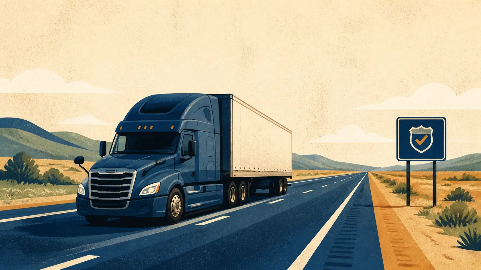 Semi truck traveling on an open highway toward a certification sign