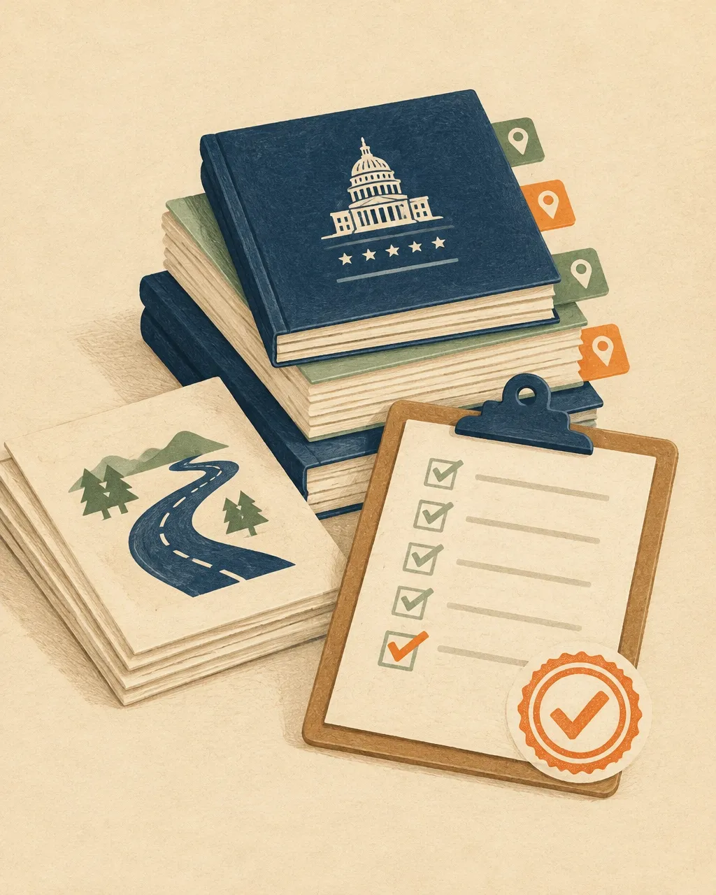 Illustration of a document stack, route markers, and a completed compliance checklist