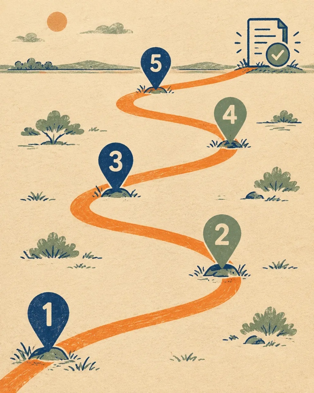 Illustration of a five-stop route map ending at a verified document