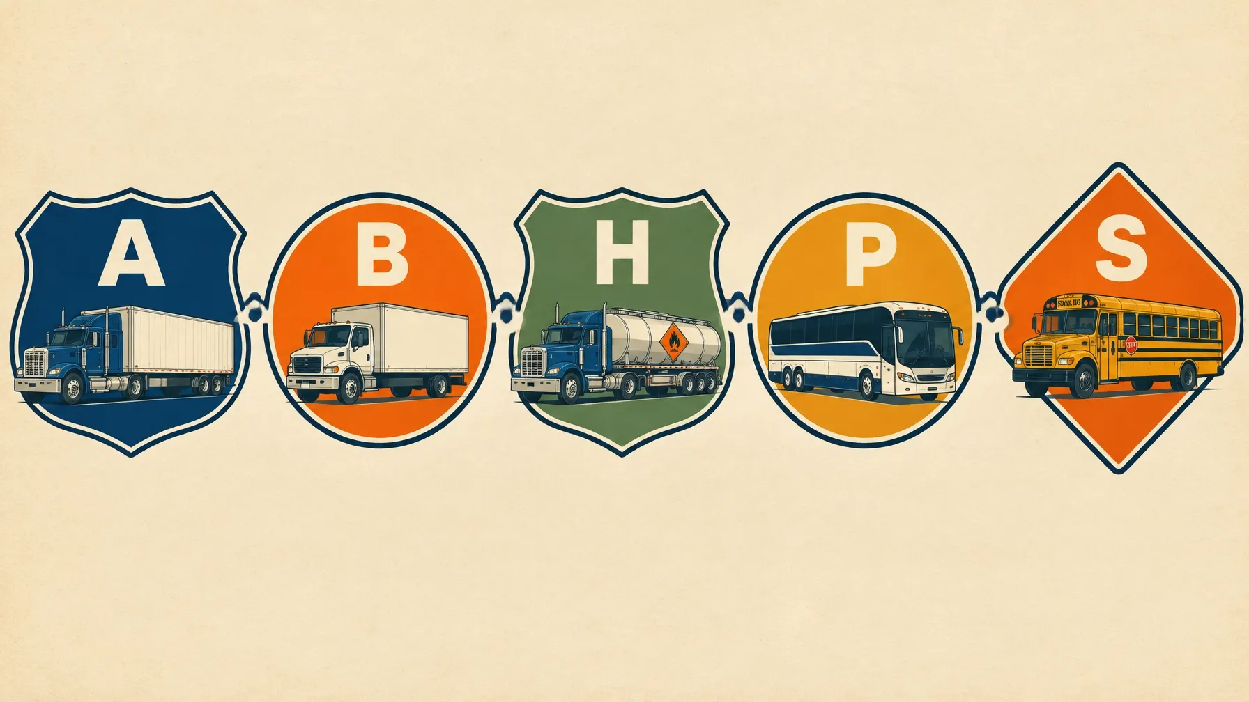 Endorsement badges A, B, H, P and S with the matching vehicle for each